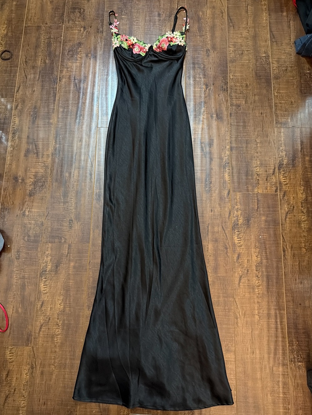 Black Slip Dress with Pink Floral Accents